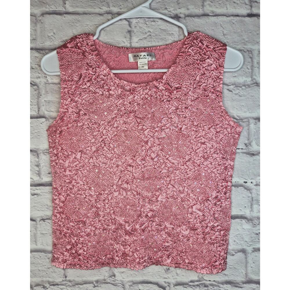 Vtg Rafael Petite Y2K Popcorn Shirt PP Extra Small Pink Crinkle Sequin Tank Top.